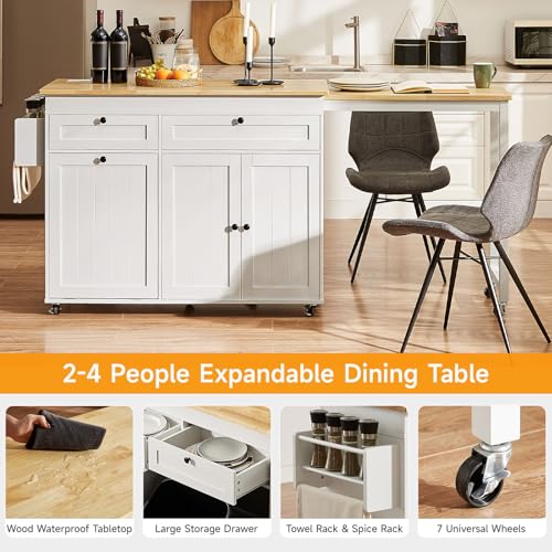 White Mobile Kitchen Island with Extendable Dining Table T317