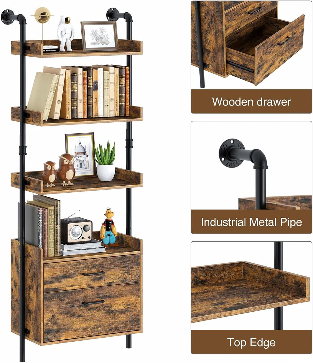 Industrial 4-Tier Bookshelf with 2 Wood Drawers D1667