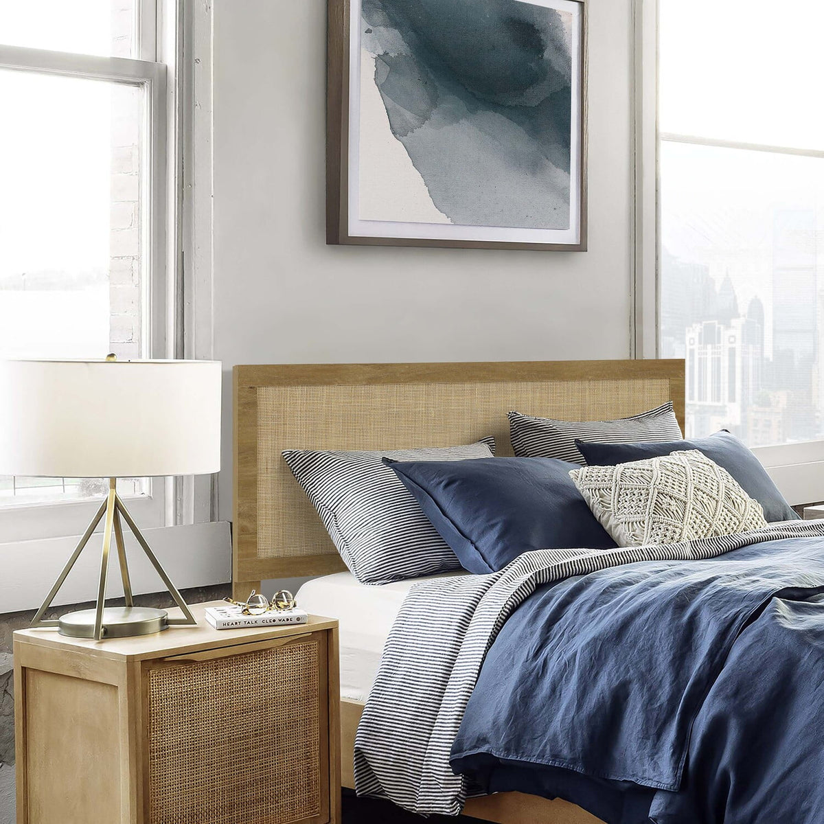 Oak Finish Manufactured Wood Rattan Panel Queen Headboard Z9693