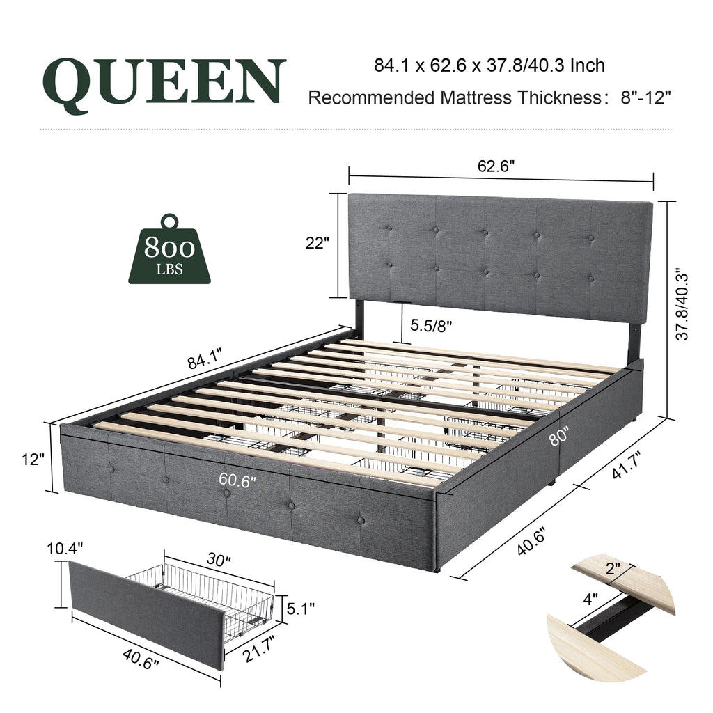Queen Size Platform Bed Frame with Headboard and 4 Storage Drawers C73756