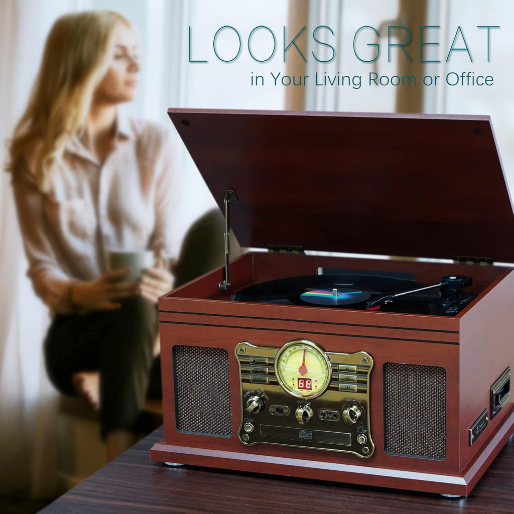 Mahogany Bluetooth Record Player Turntable with Speakers I91111