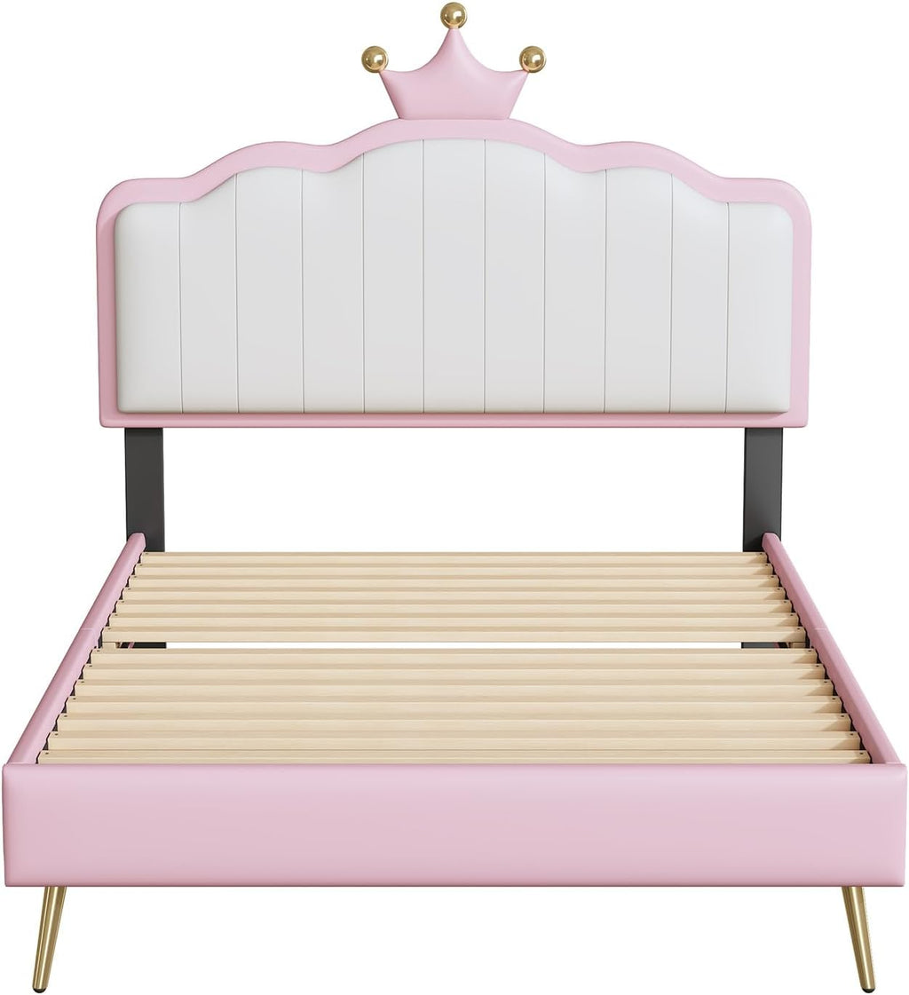 White and Pink Twin Upholstered Platform Bed with Light Strips and Golden Metal Legs U24376