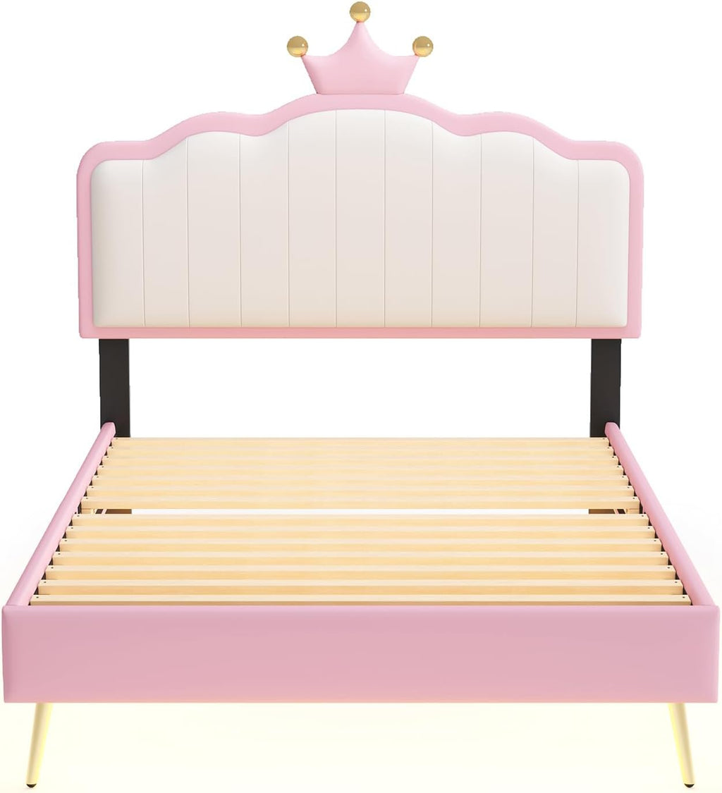 White and Pink Twin Upholstered Platform Bed with Light Strips and Golden Metal Legs U24376
