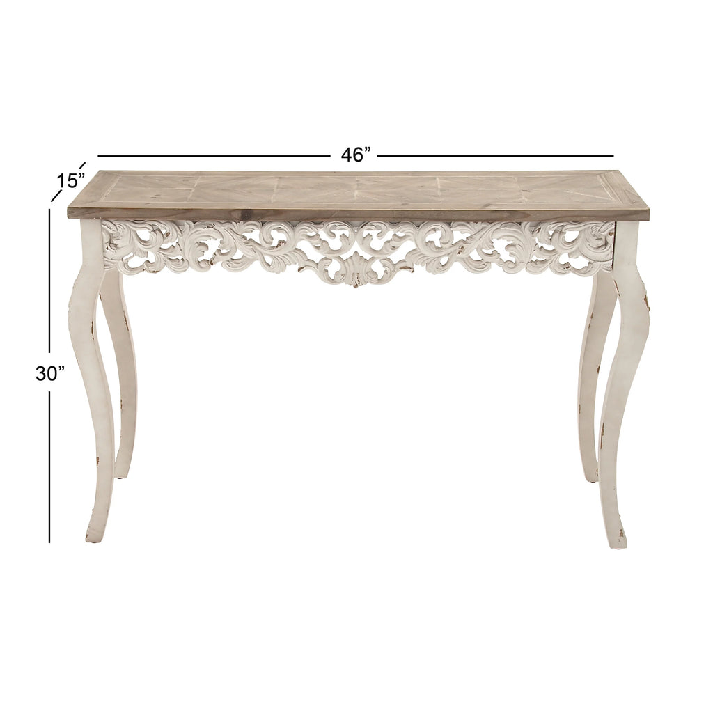 46" x 30" White Wood Carved Console Table with Brown Wood Top T905284