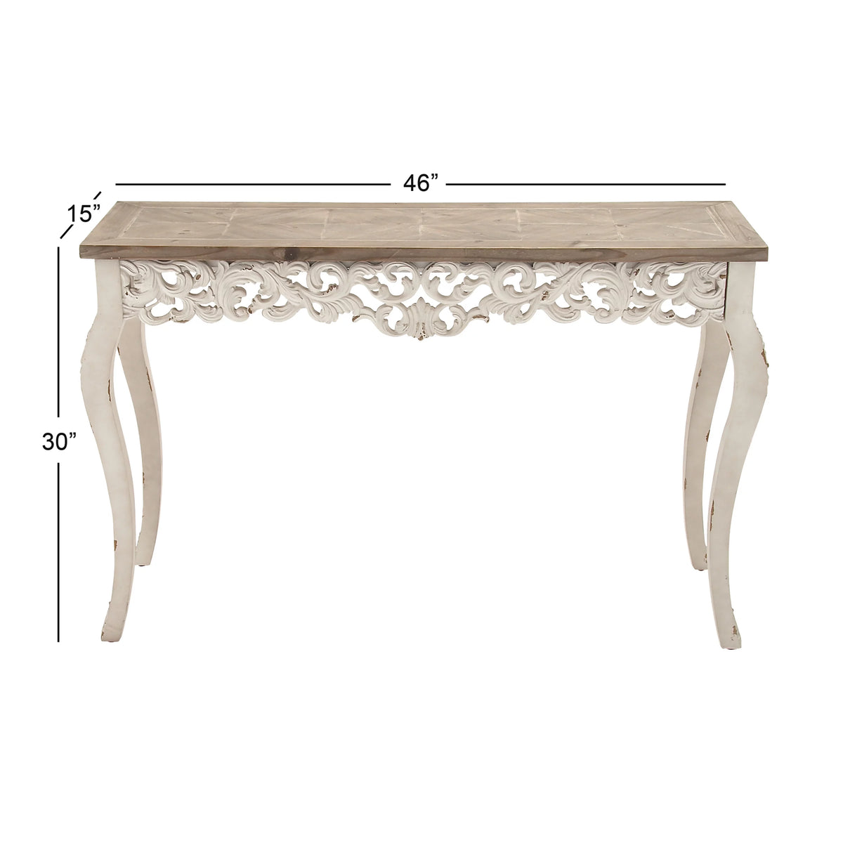 46" x 30" White Wood Carved Console Table with Brown Wood Top T905284