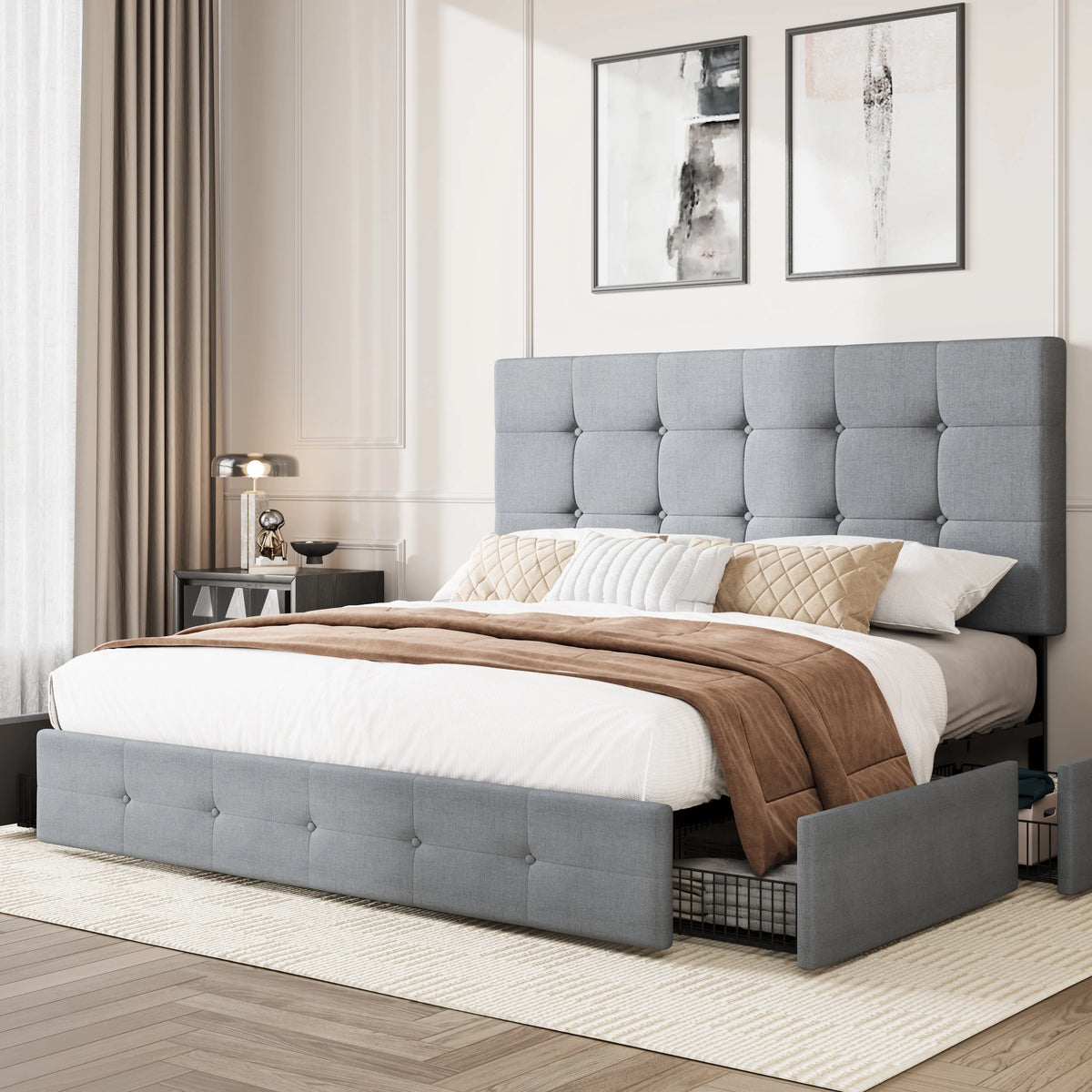 Queen Size Platform Bed Frame with Headboard and 4 Storage Drawers C73756