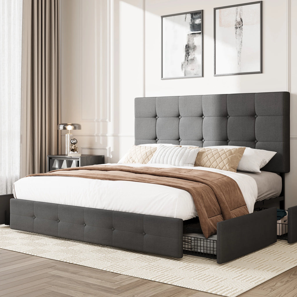 Queen Size Platform Bed Frame with Headboard and 4 Storage Drawers C73756