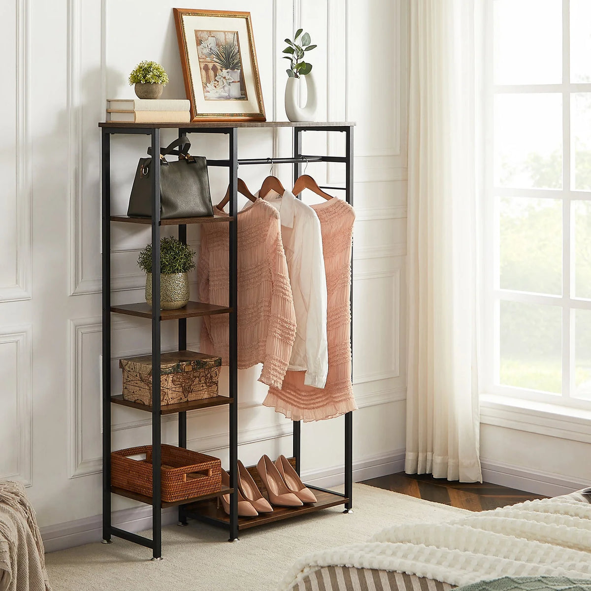 Brown Metal Clothes Rack with Wood Storage Shelves T3944
