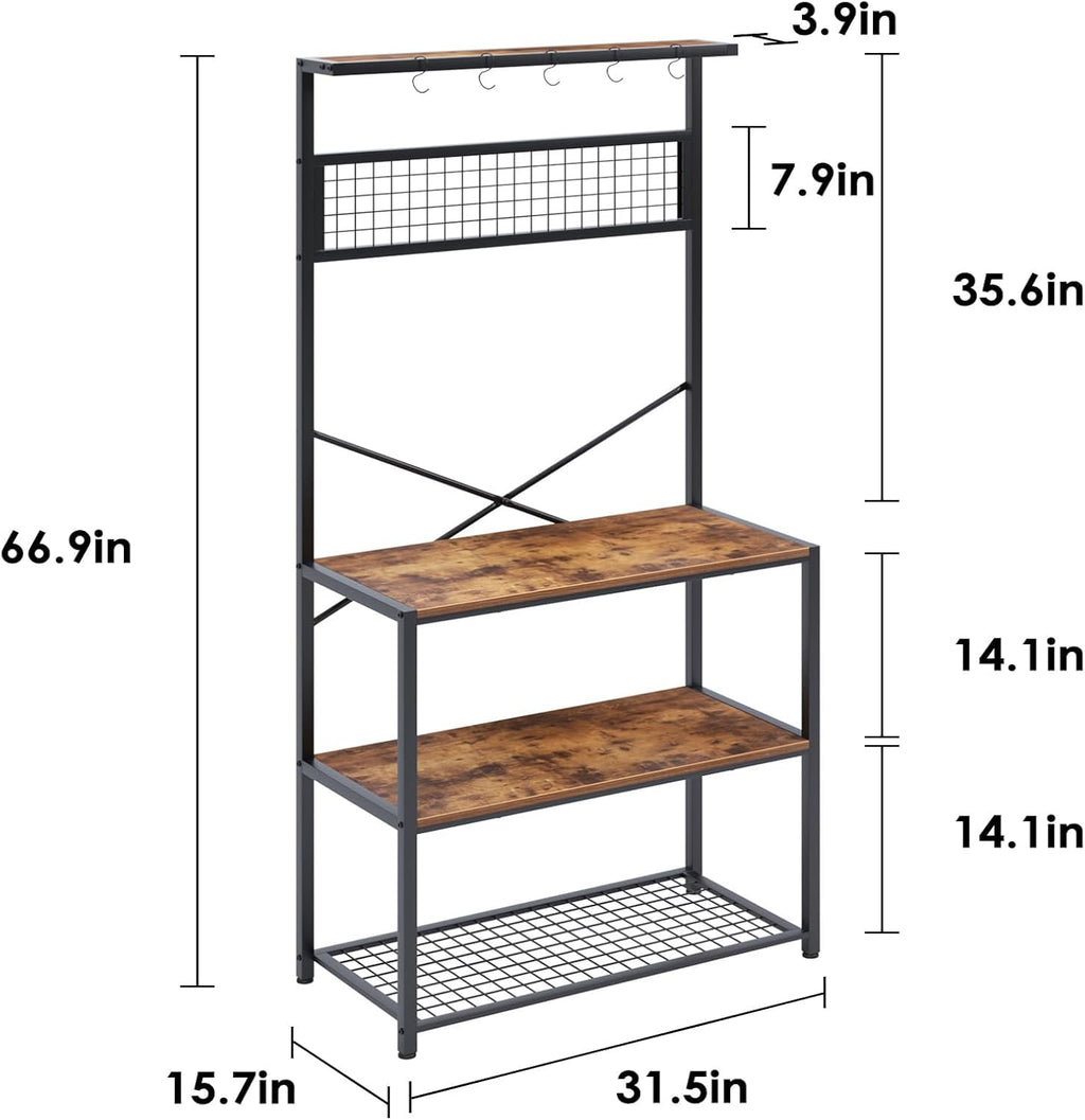 Rustic Brown 4-Tier Baker's Rack with 5 Hooks X56751