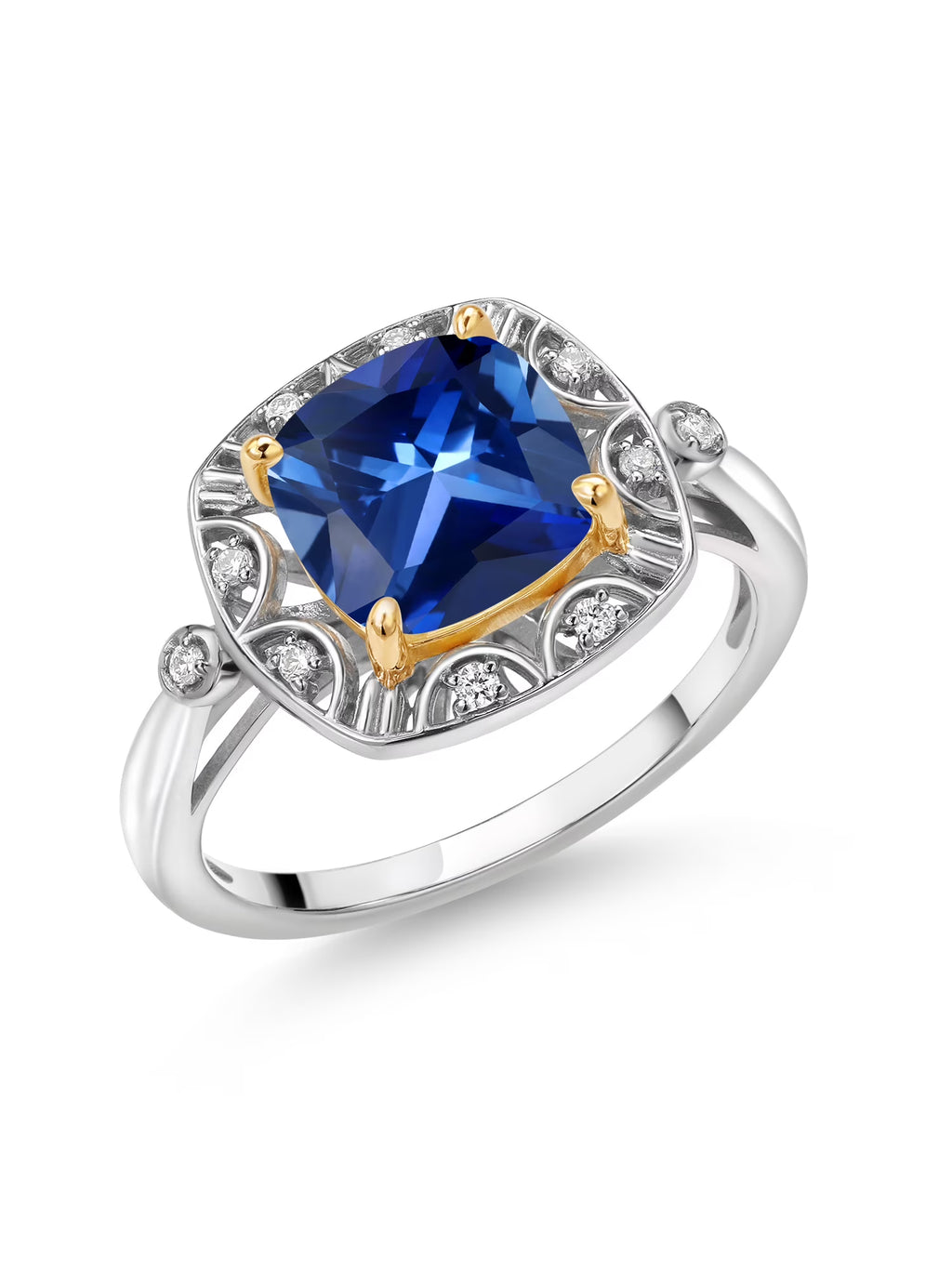 925 Sterling Silver 10k Yellow Gold Blue Created Sapphire White Lab Grown Diamond Engagement Ring U337175