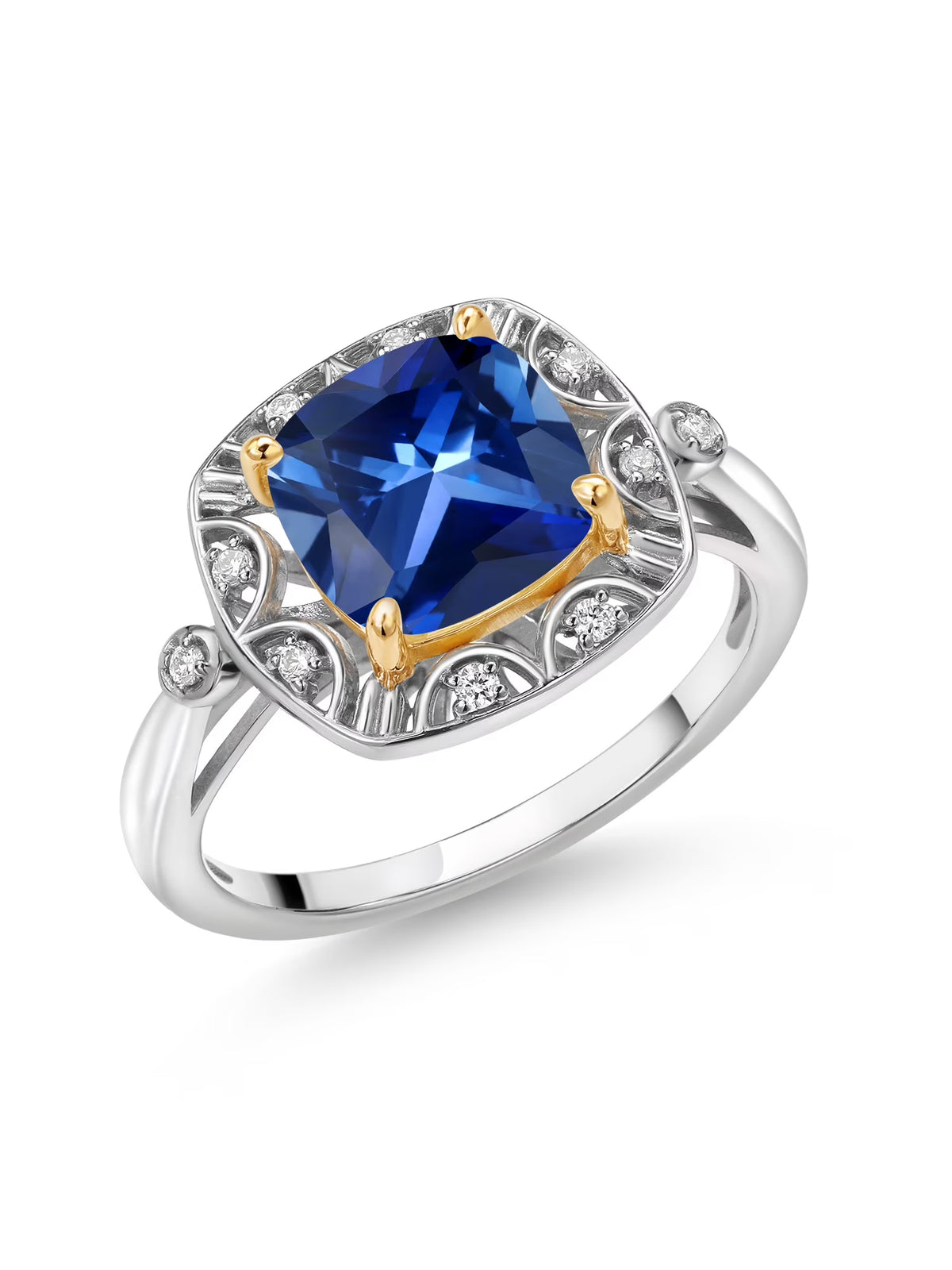 925 Sterling Silver 10k Yellow Gold Blue Created Sapphire White Lab Grown Diamond Engagement Ring U337175