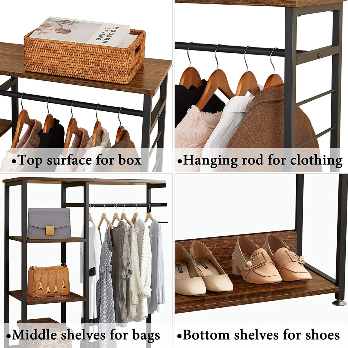 Brown Metal Clothes Rack with Wood Storage Shelves T3944