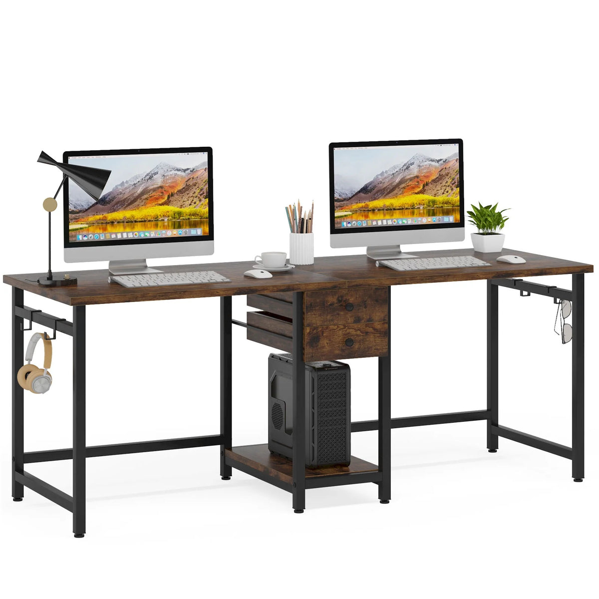 78 Inch Double Working Desk with 2 Drawers and Shelf Q581