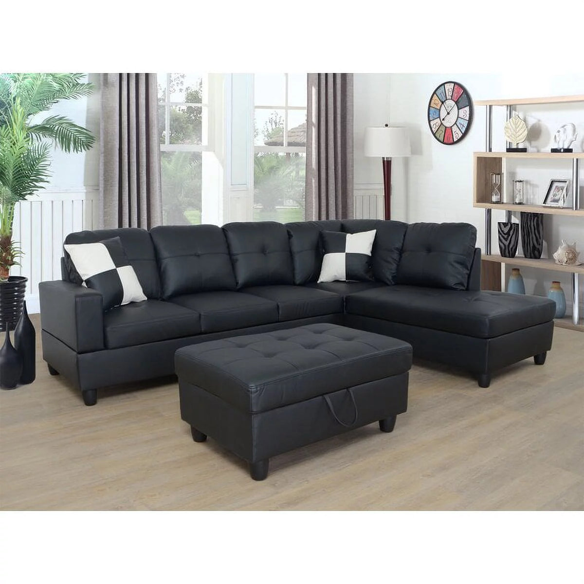 Black Leather Sectional with Ottoman J54679