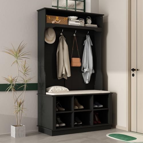 Grey Entryway Coat Rack with Storage Bench and Shoe Rack P6160