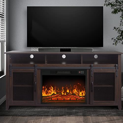 White Oak Fireplace TV Stand with Open Storage Shelves and Cabinets D34799