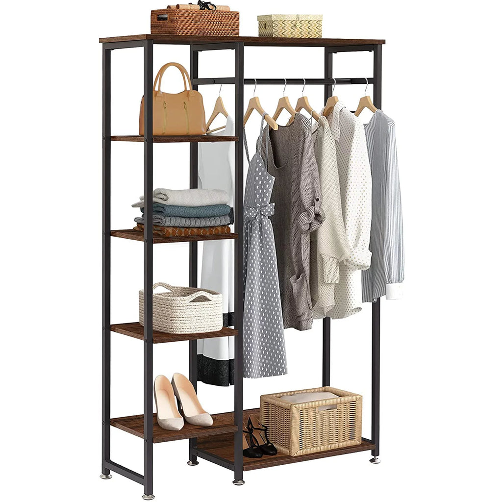 Brown Metal Clothes Rack with Wood Storage Shelves T3944