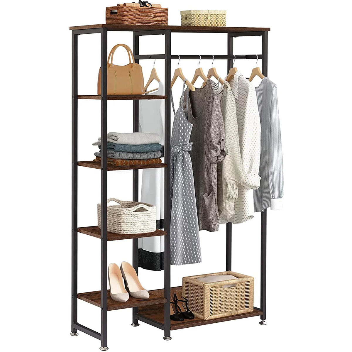 Brown Metal Clothes Rack with Wood Storage Shelves T3944
