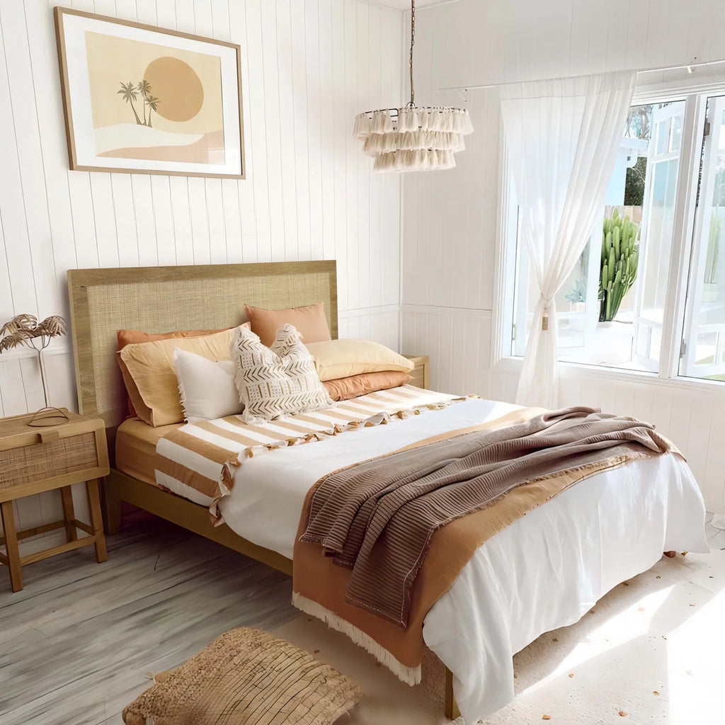 Oak Finish Manufactured Wood Rattan Panel Queen Headboard Z9693