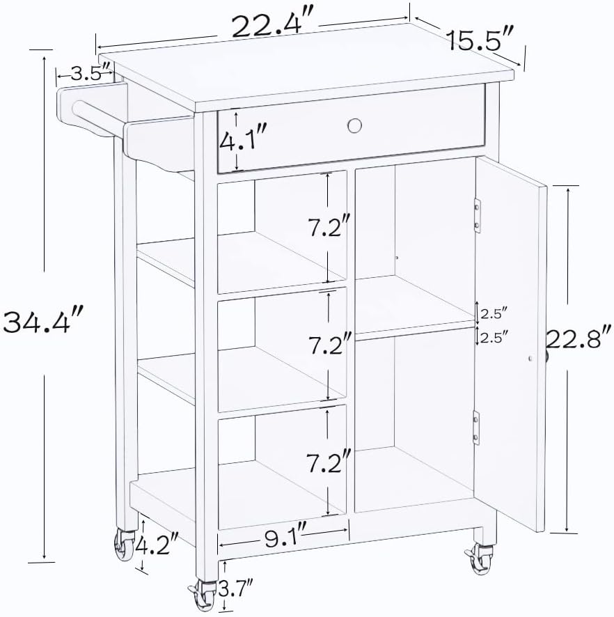 White Solid Wood Top Kitchen Island on Wheels with Single Door and One Drawer Towel Rack I598009