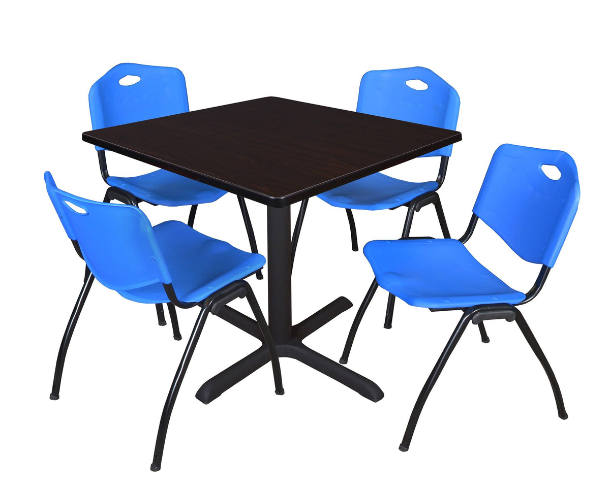 42x22 Square Breakroom Table Mocha Walnut 4 Stack Chairs Blue R929369