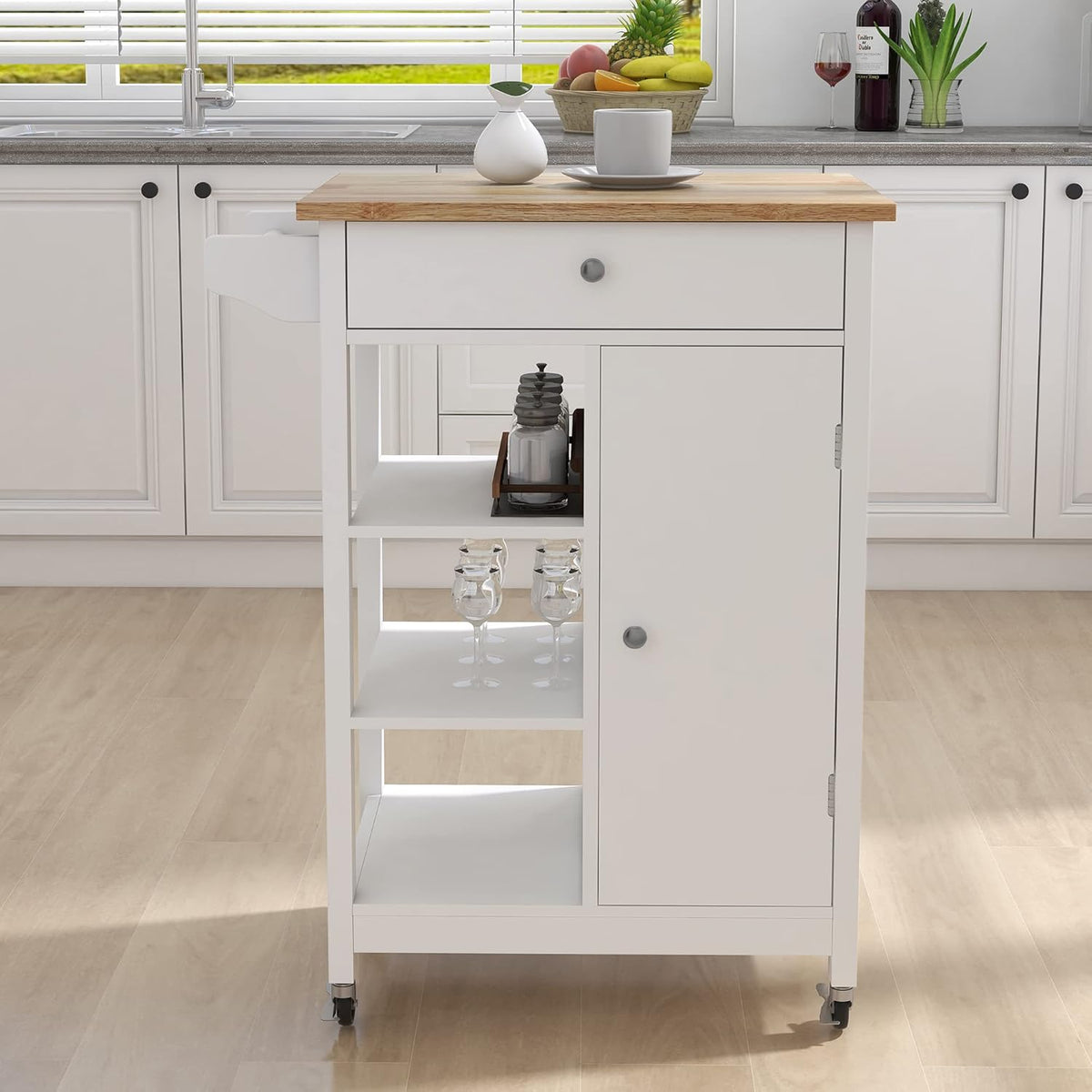 White Solid Wood Top Kitchen Island on Wheels with Single Door and One Drawer Towel Rack I598009