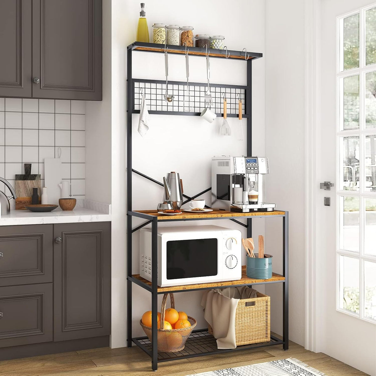 Rustic Brown 4-Tier Baker's Rack with 5 Hooks X56751
