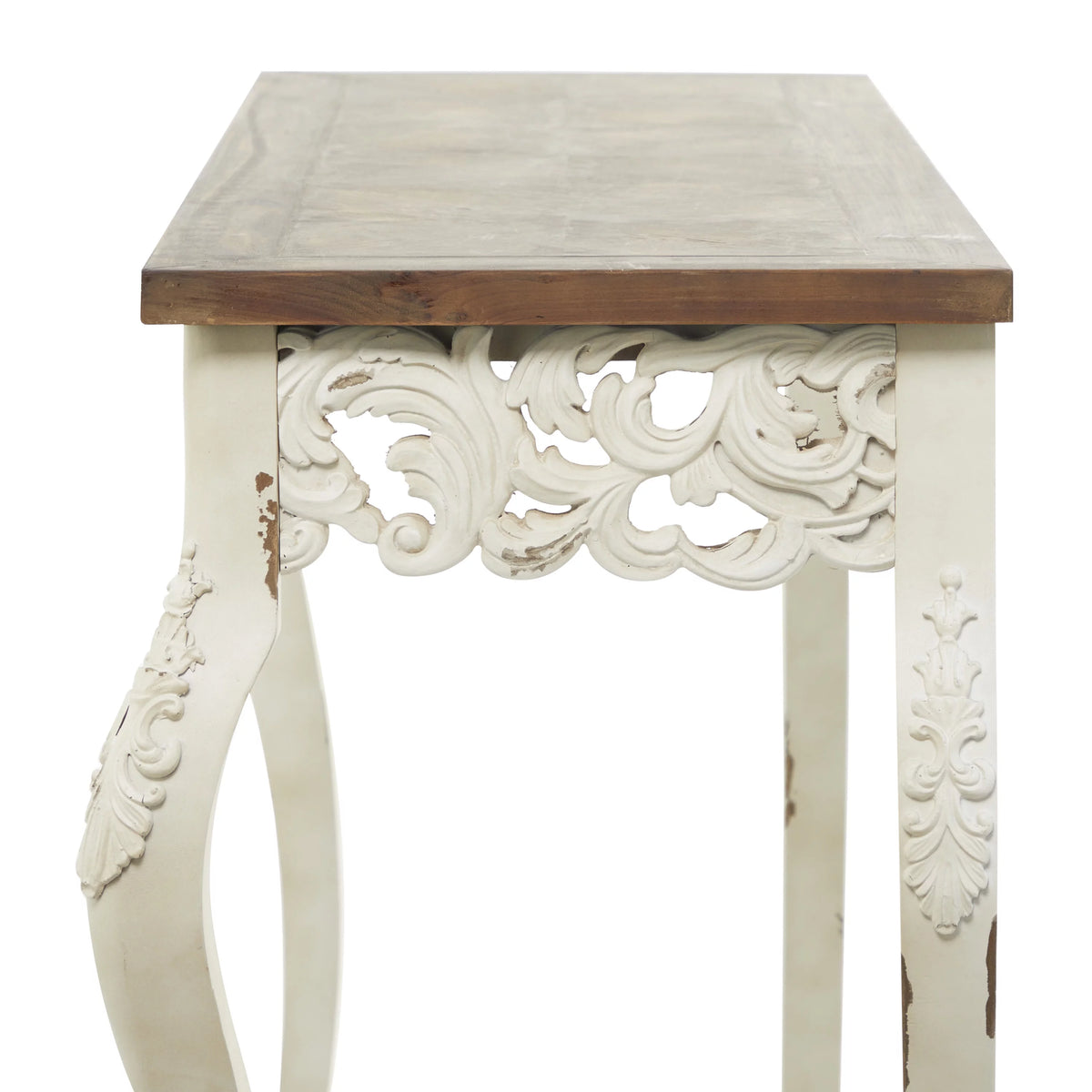 46" x 30" White Wood Carved Console Table with Brown Wood Top T905284