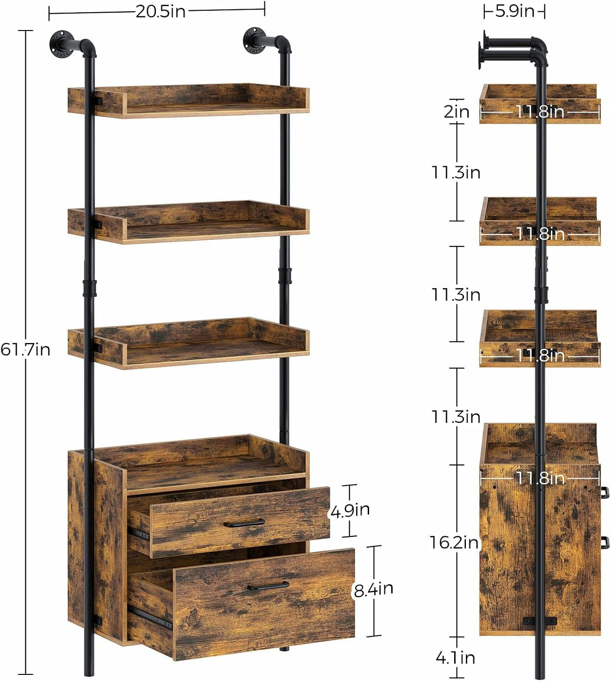 Industrial 4-Tier Bookshelf with 2 Wood Drawers D1667