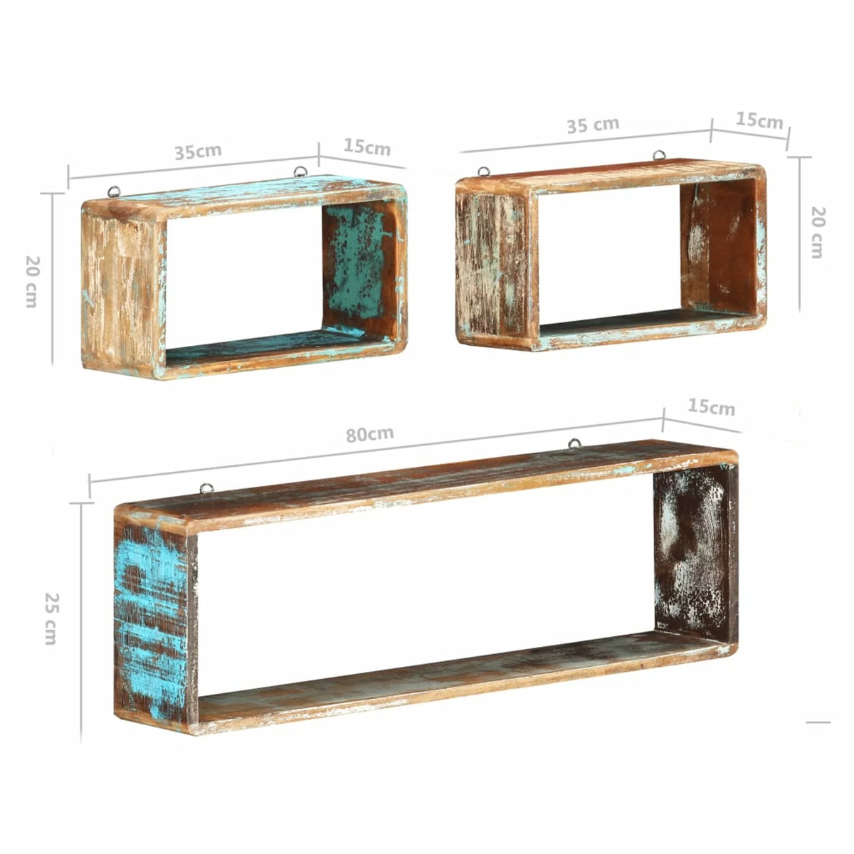 3 Piece Solid Reclaimed Wood Wall Cube Shelf Set J912