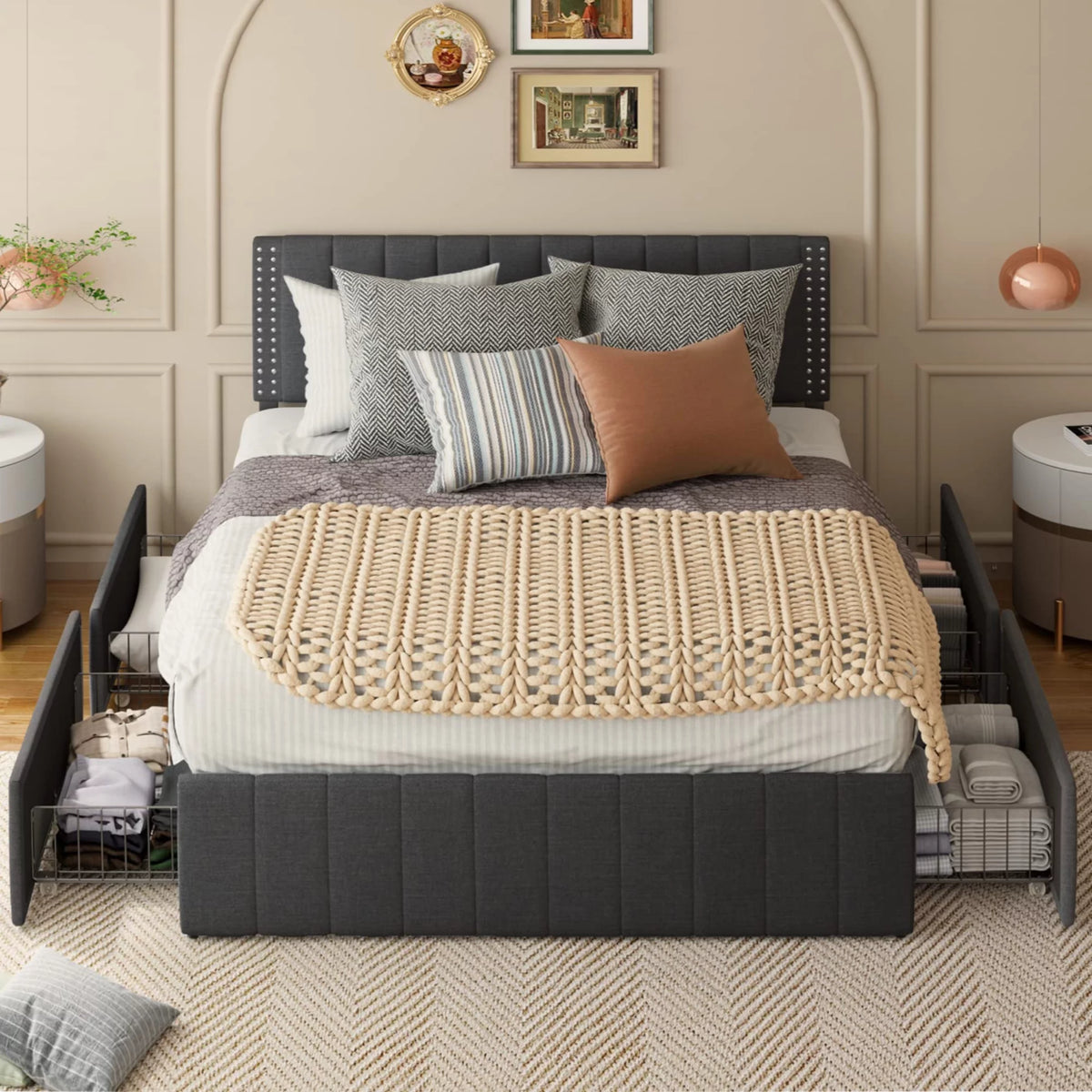 Queen Bed Frame with Adjustable Headboard and 4 Storage Drawers J4436