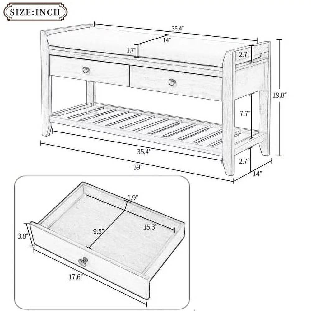 White Shoe Rack with Cushioned Seat and Drawers D99367
