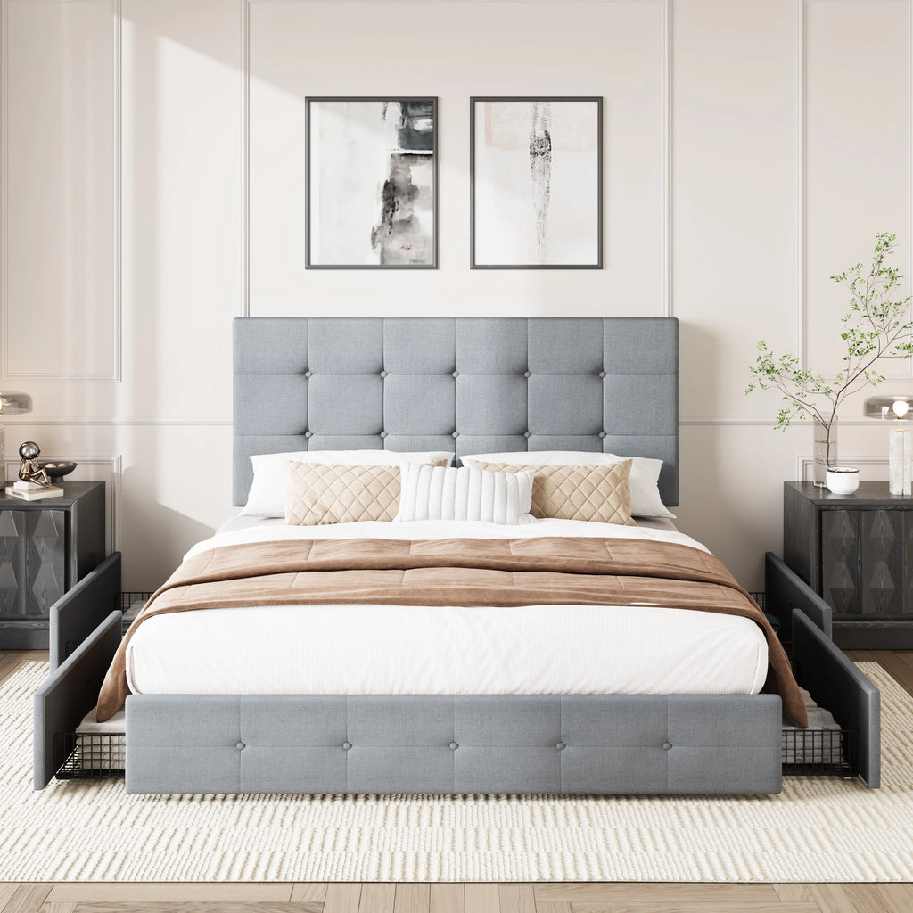 Queen Size Platform Bed Frame with Headboard and 4 Storage Drawers C73756