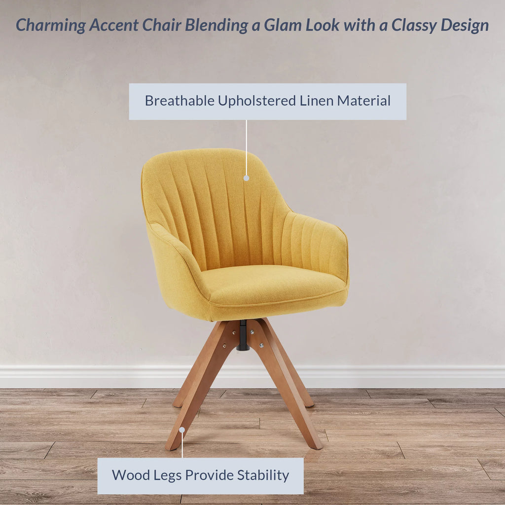 Mid Century Modern Swivel Accent Chair Linen Upholstered with Beech Wood Legs T2379