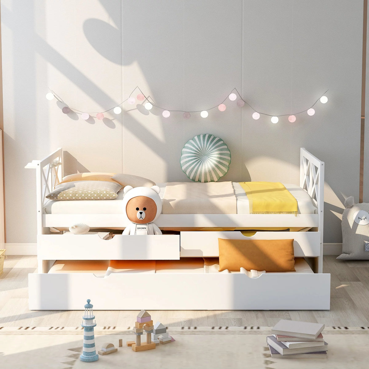 White Solid Pine Wood Daybed with Two Drawers and Trundle G61700