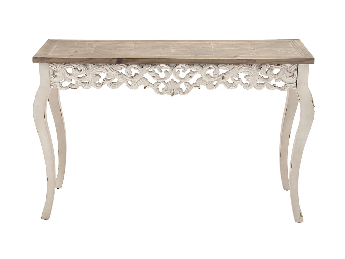 46" x 30" White Wood Carved Console Table with Brown Wood Top T905284