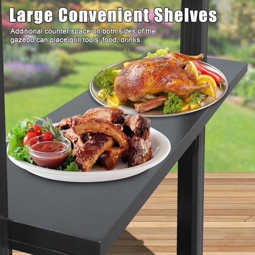 Brown Hardtop Grill Gazebo with 2 Side Shelves J415