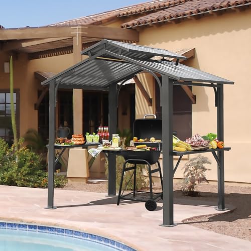 Brown Hardtop Grill Gazebo with 2 Side Shelves J415