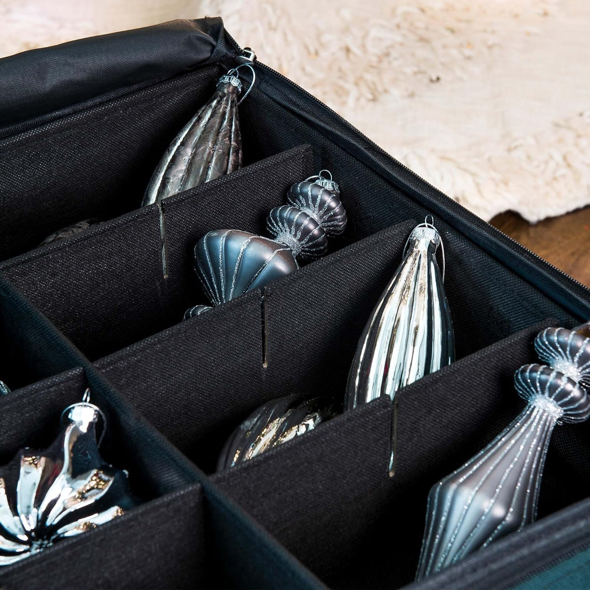 Green Christmas Ornament Storage Box with Dividers, Holds 72 Ornaments up to 4 Inches D73561
