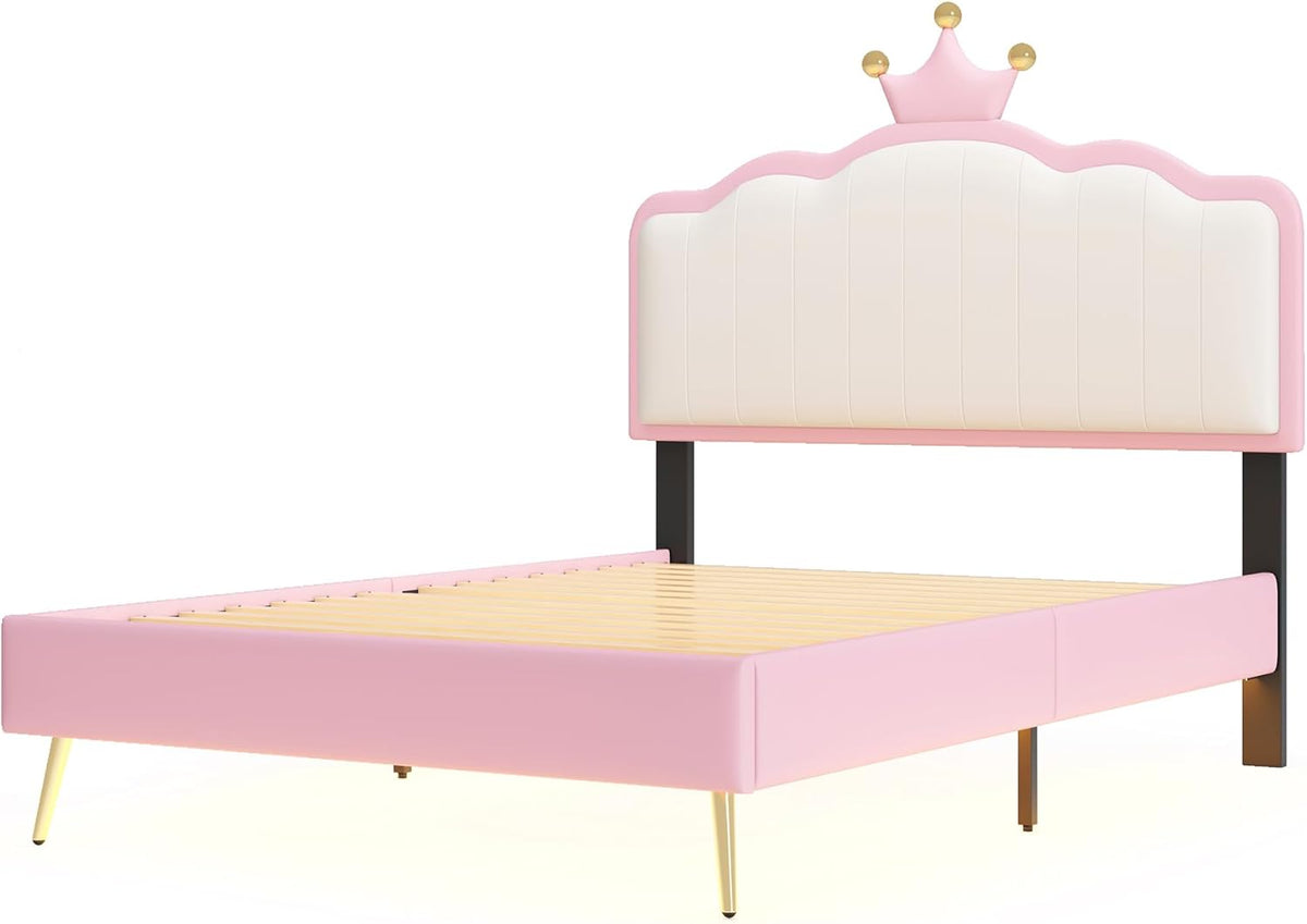 White and Pink Twin Upholstered Platform Bed with Light Strips and Golden Metal Legs U24376