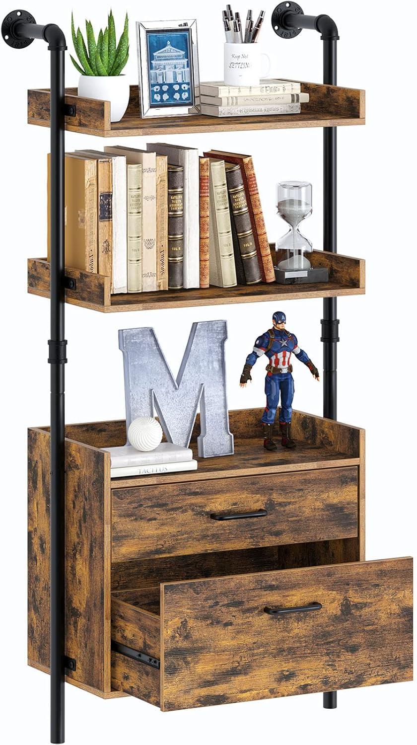 Industrial 4-Tier Bookshelf with 2 Wood Drawers D1667