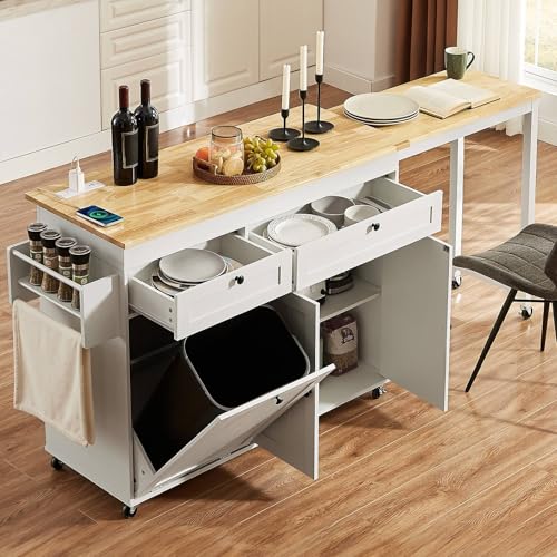 White Mobile Kitchen Island with Extendable Dining Table T317