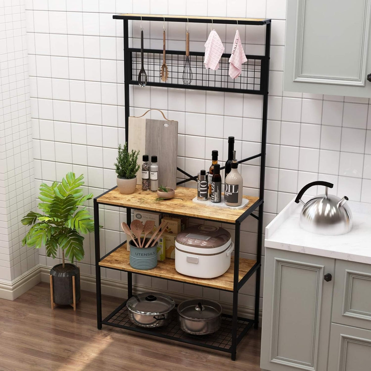 Rustic Brown 4-Tier Baker's Rack with 5 Hooks X56751