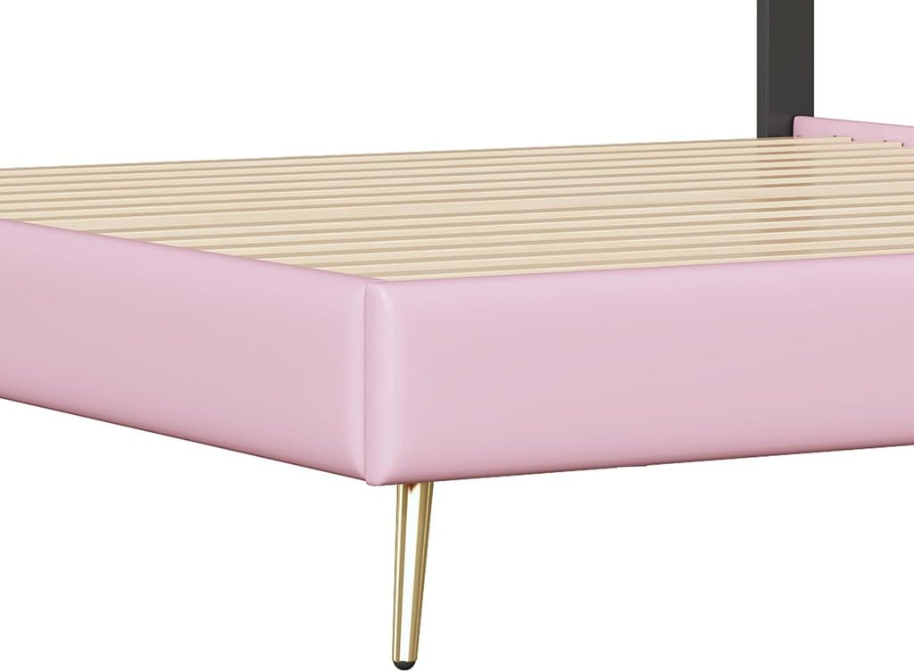 White and Pink Twin Upholstered Platform Bed with Light Strips and Golden Metal Legs U24376