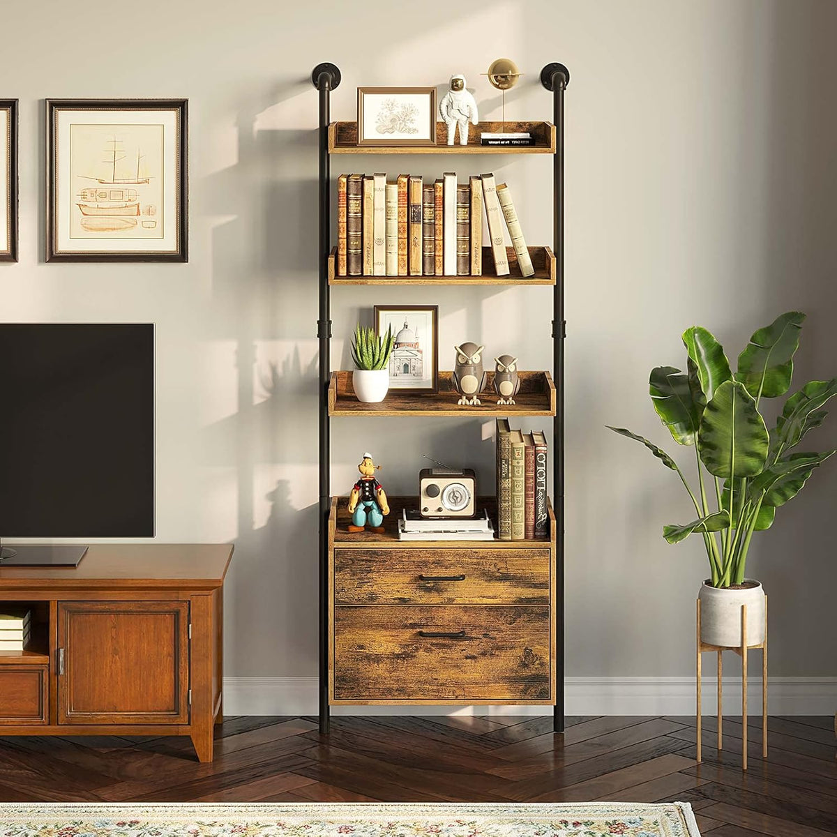 Industrial 4-Tier Bookshelf with 2 Wood Drawers D1667