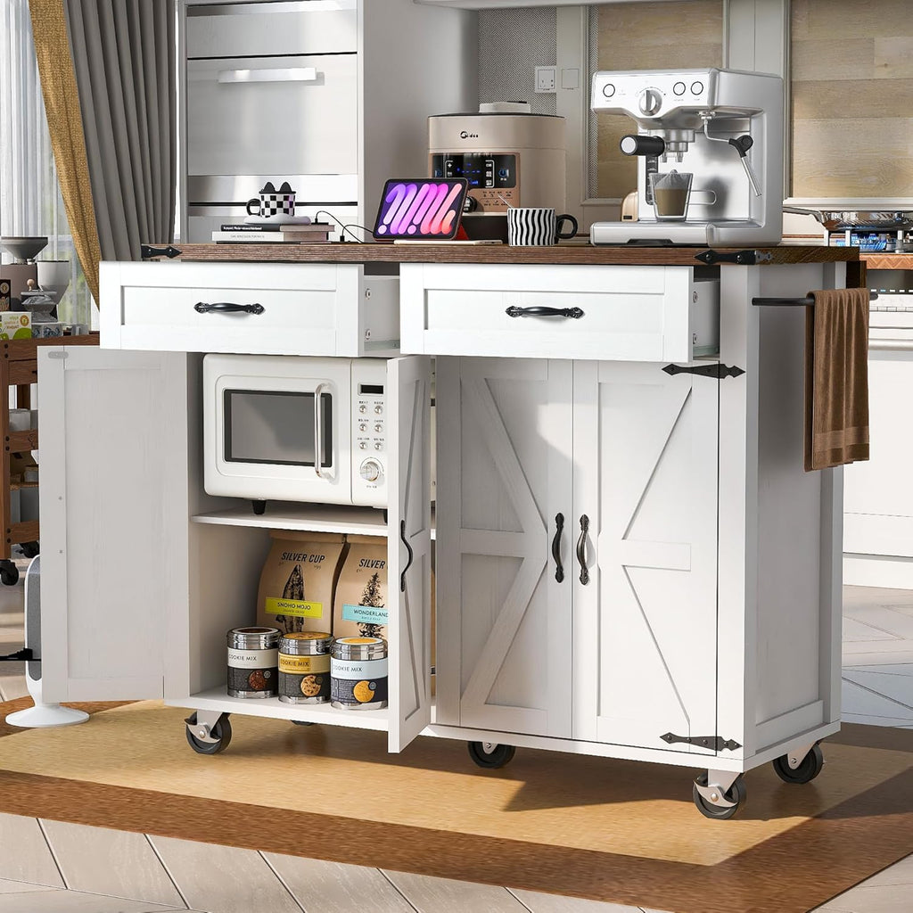 White Kitchen Island with Power Outlet and Drop Leaf V651371