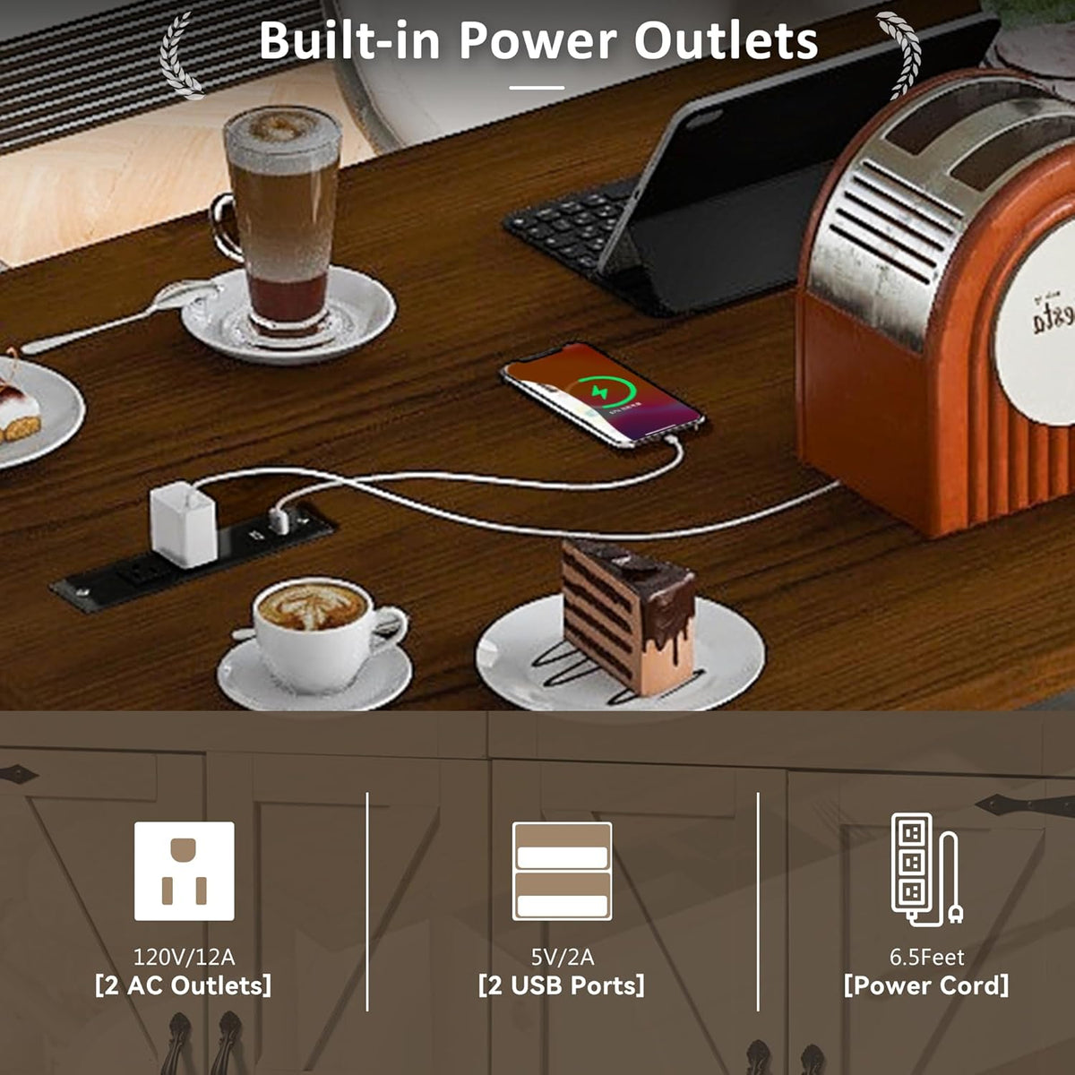 White Kitchen Island with Power Outlet and Drop Leaf V651371