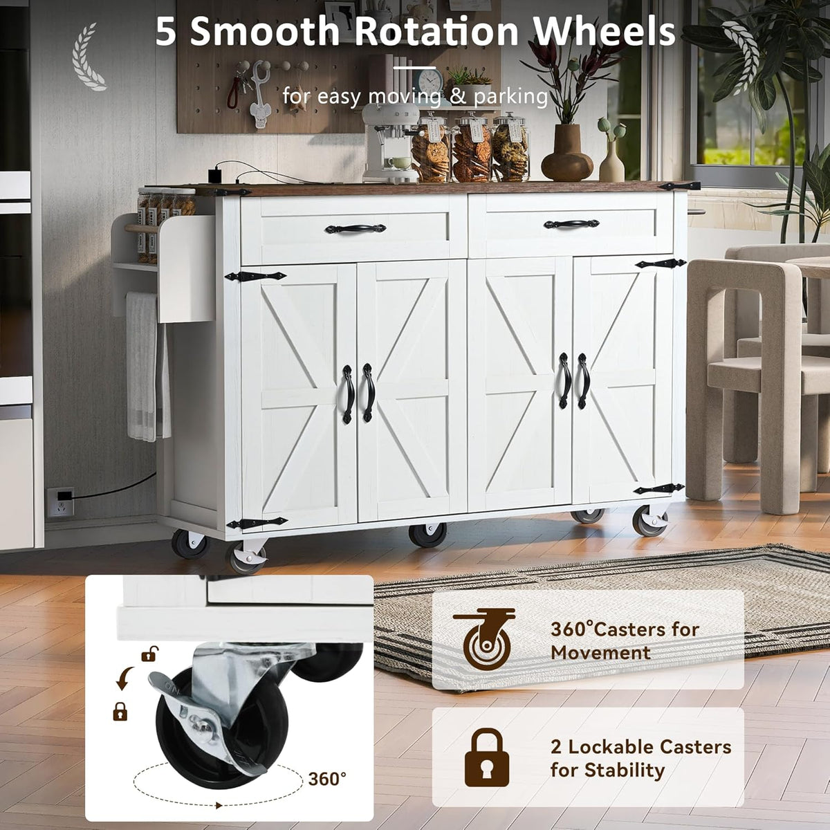 White Kitchen Island with Power Outlet and Drop Leaf V651371