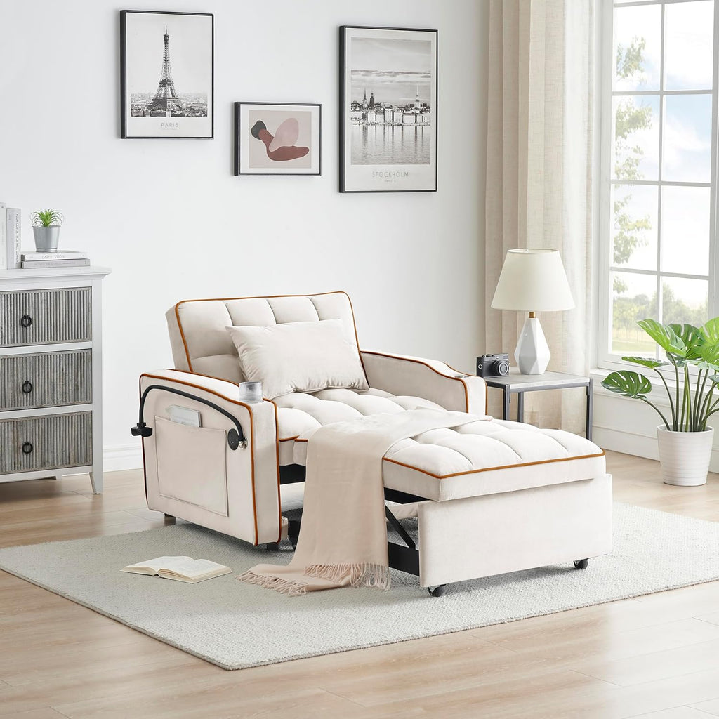 Twin Size Pull Out Sofa Bed Chair, Velvet Convertible Sleeper Chair Bed T667