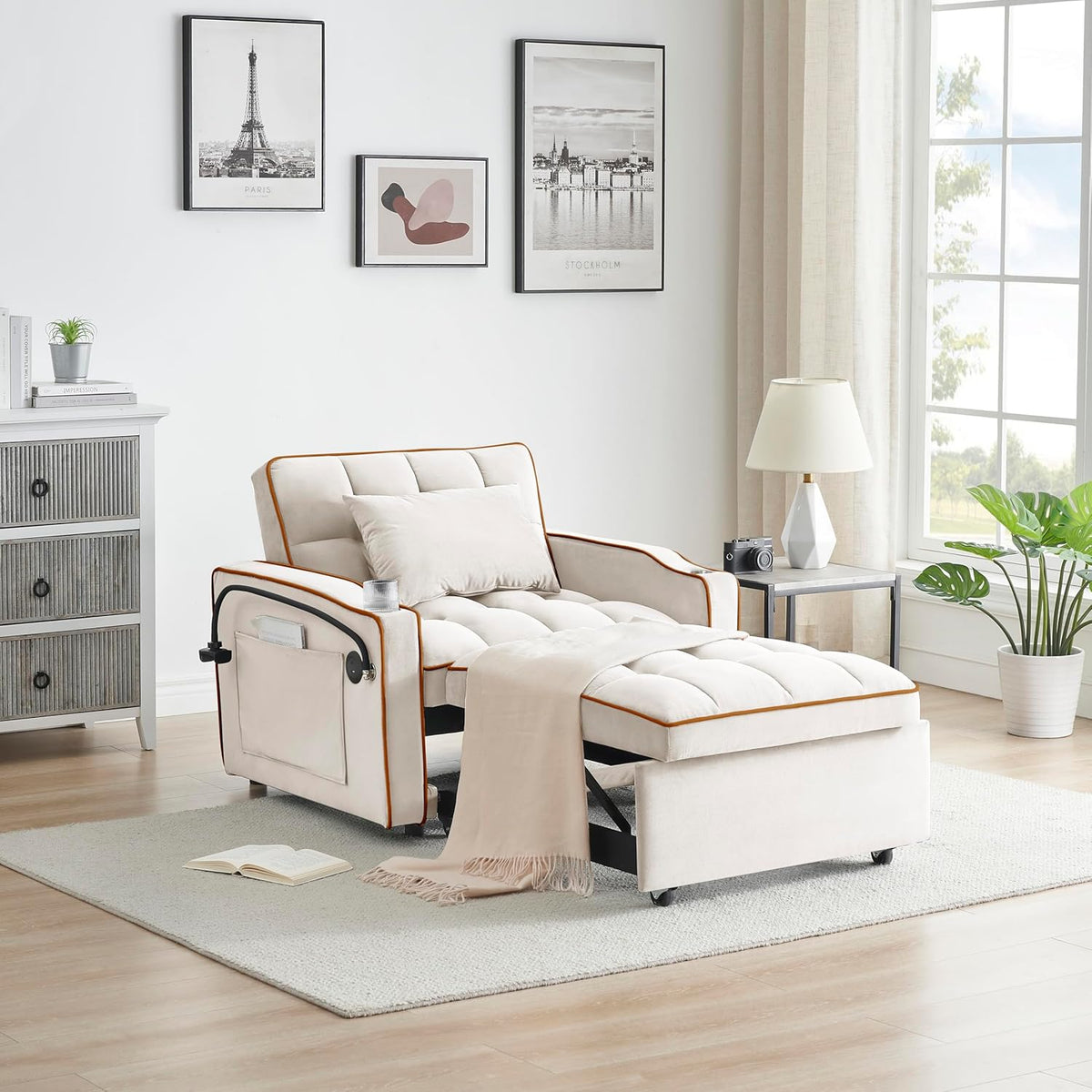 Twin Size Pull Out Sofa Bed Chair, Velvet Convertible Sleeper Chair Bed T667